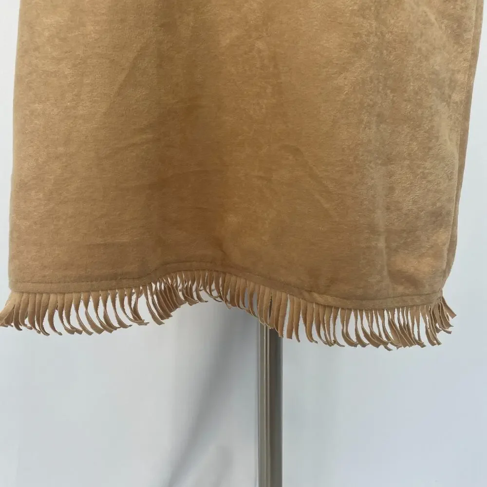 Vintage Pencil Skirt Large Tan Brown Faux Suede Fringe Boho Stretch Rodeo Y2K